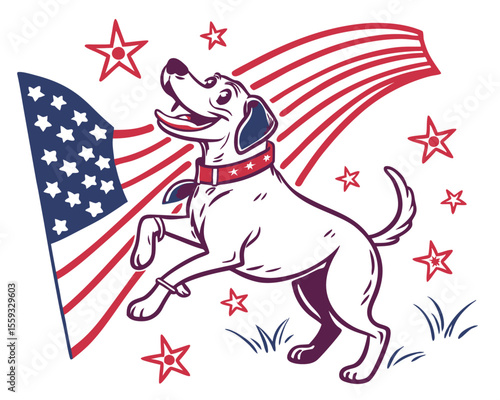 Cute Cartoon Dog Jumping Playfully with an American Flag Stars and Stripes Background for Independence Day Fourth of July and Patriotic United States Holiday Celebrations.