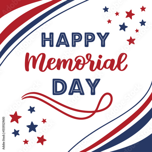 Happy Memorial Day Greeting Card Design with a Minimalist Patriotic Background Featuring Red and Blue Swirls and Stars to Honor United States Military Service Members.