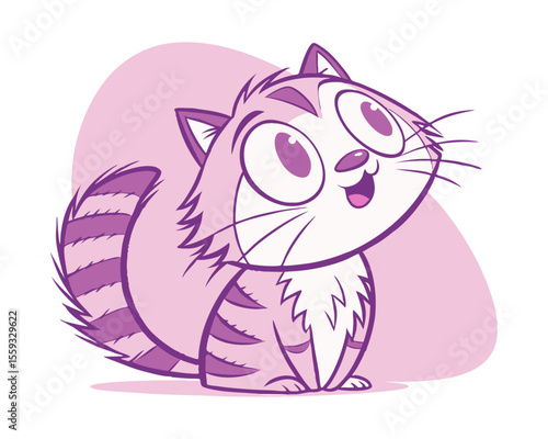 Cute Cartoon Purple Striped Kitten Illustration with Large Expressive Eyes Looking Up and Tail Curled Up Against a Pink Circular Background for Childrens Graphic Designs.