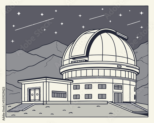 Astronomical Observatory Building Illustration with Large Telescope Dome and Mountain Landscape Under a Starry Night Sky with Shooting Stars for Science and Space Exploration Themes.