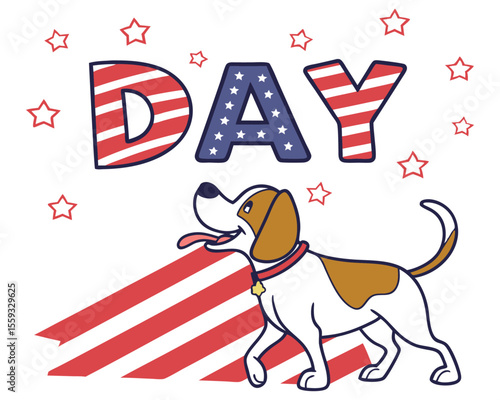Patriotic Beagle Dog Illustration with American Flag Stars and Stripes Background for National Dog Day Independence Day and Fourth of July United States Holiday Celebration.