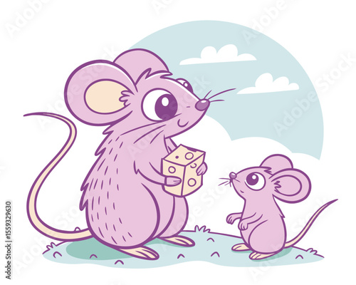 Two Cute Cartoon Pink Mice Sharing a Slice of Yellow Cheese on Green Grass with a Blue Sky Background for Children Illustrations and Story Books.