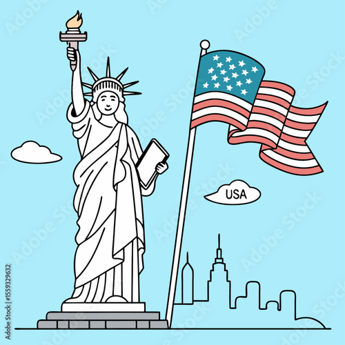 Patriotic Statue of Liberty Line Art Illustration with American Flag and New York City Skyline Background for Independence Day Fourth of July and USA Travel.