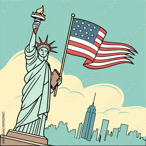 Statue of Liberty Holding an American Flag in New York City Skyline Background Illustration for Independence Day Fourth of July and Patriotic United States Themes.