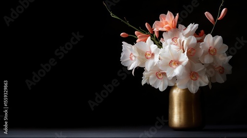 Elegant Floral Arrangement Of White And Peach Flowers In A Golden Vase Against Black Background