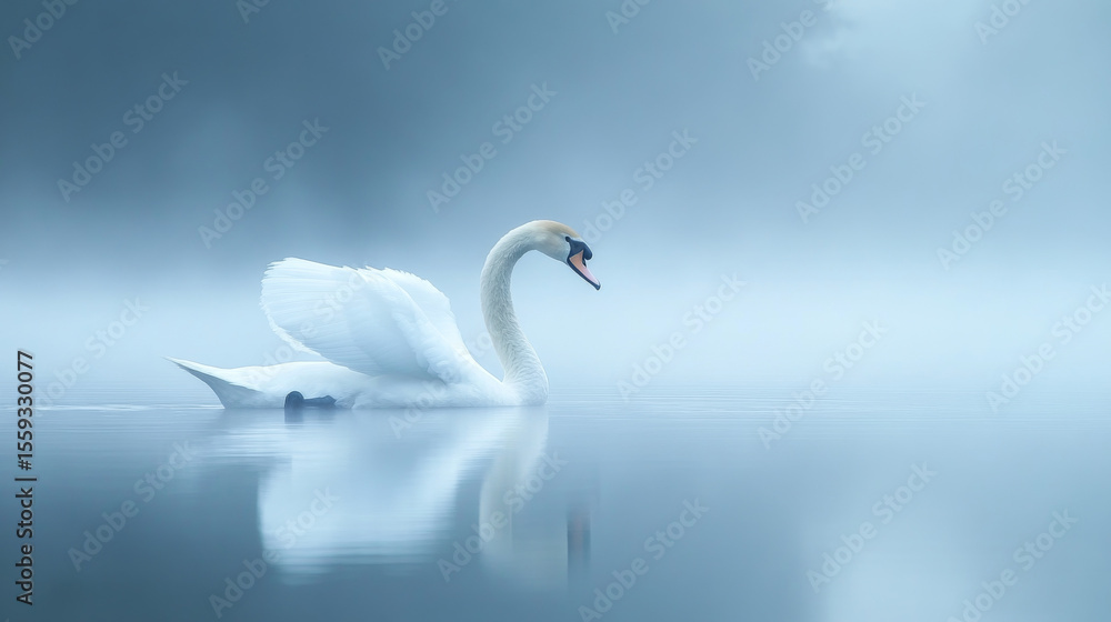 Obraz premium Profile of a white swan gliding over a misty blue lake, evoking tranquility and grace. 