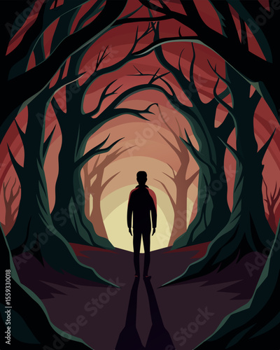 Like a lone figure standing in a dark forest he was surrounded by a forest of dark twisted thoughts.. Vector illustration