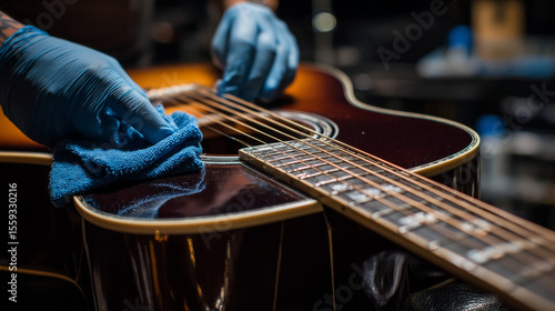 Technician carefully wipes down an acoustic guitar fretboard during routine instrument maintenance. 