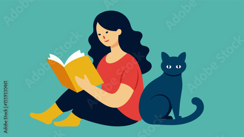 A woman reading her favorite book in the company of her loyal cat who is curled up on her lap.. Vector illustration