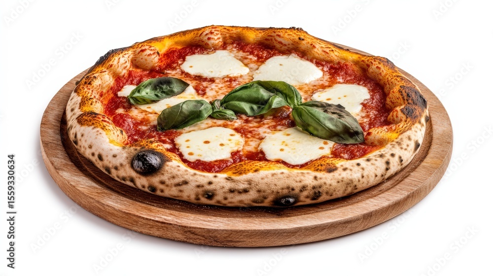 A classic Margherita pizza topped with fresh basil and mozzarella on a wooden serving board. A classic Margherita pizza topped with fresh basil and mozzarella on a wooden serving board.