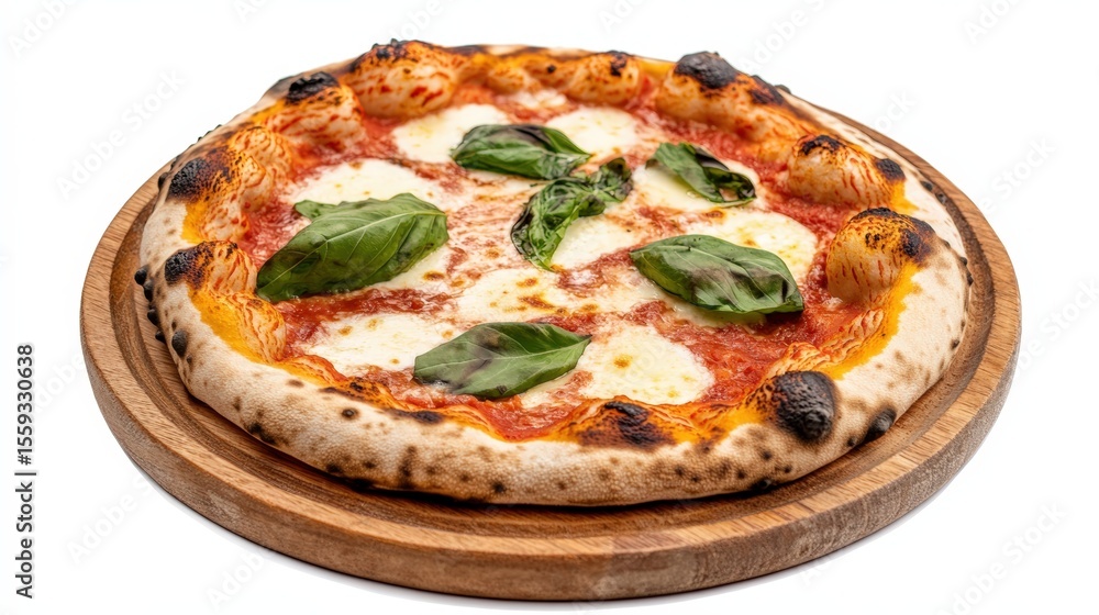 A freshly baked Margherita pizza with melted cheese, tomato sauce, and basil leaves on a wooden serving board. A freshly baked Margherita pizza with melted cheese, tomato sauce, and basil leaves on a wooden serving board.