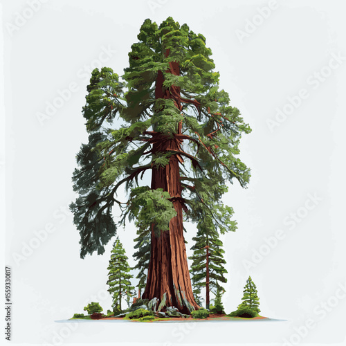 Realistic green tallest tree in the world sequoia on a white background - Vector illustration