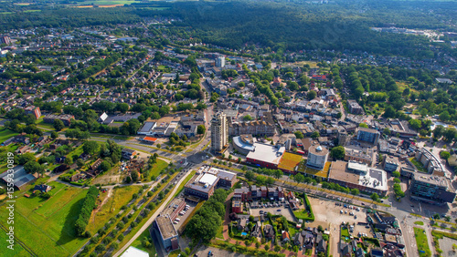 Aerial panorama view of the city Emmen in the Netherlands on a sunny morning in summer