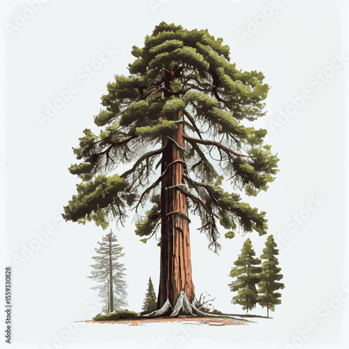 Realistic green tallest tree in the world sequoia on a white background - Vector illustration