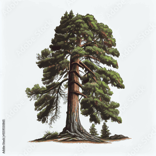 Realistic green tallest tree in the world sequoia on a white background - Vector illustration