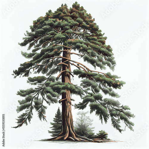 Realistic green tallest tree in the world sequoia on a white background - Vector illustration