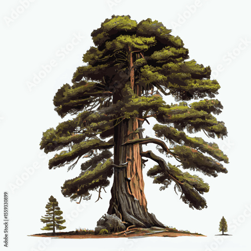 Realistic green tallest tree in the world sequoia on a white background - Vector illustration