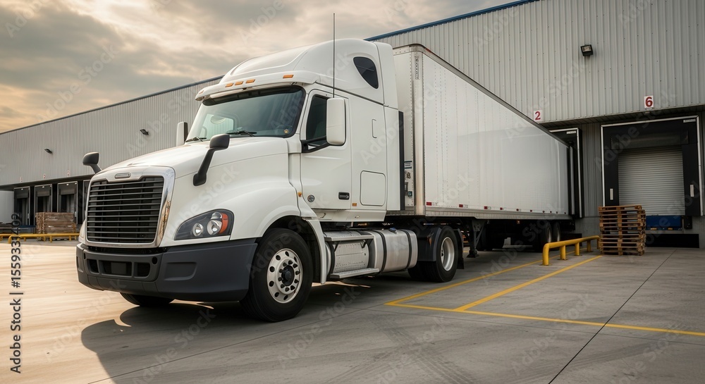 Freightliner semi truck at loading dock for logistics and transport services delivery and shipping goods Freightliner semi truck at loading dock for logistics and transport services delivery and shipping goods