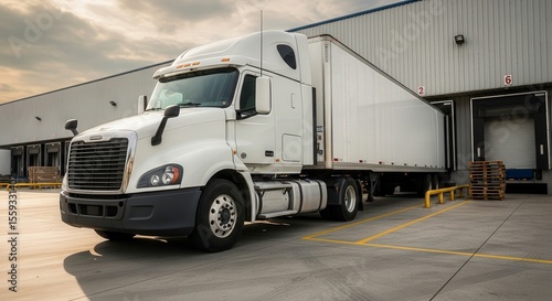 Freightliner semi truck at loading dock for logistics and transport services delivery and shipping goods