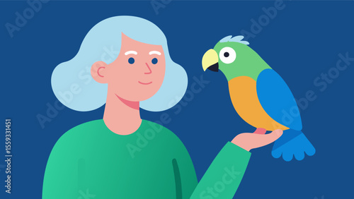 An older woman with a service parrot providing her with emotional support and a sense of purpose as she navigates the challenges of living alone after her children have moved away.. Vector