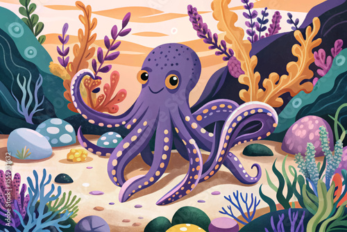 octopus camouflaged among colorful coral and rocks underwater cartoon vector, blending naturally with marine textures in a vibrant ocean habitat background