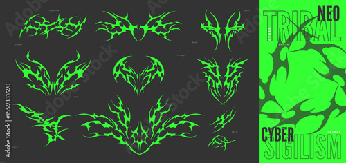 Neo tribal green elements vector set, symmetry ornament swirl demon wings sharp shape, Cyber sigilism abstract pattern