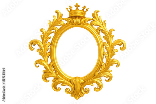 Ornate gold oval frame with crown detail isolated on transparent background