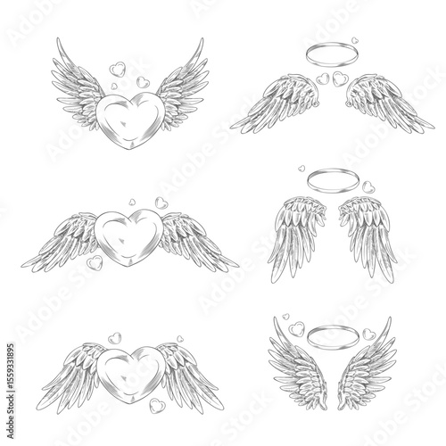 Angel wings with ring and heart sketch, pair of heraldic bird winged feathers hand drawn love heaven symbol vector set