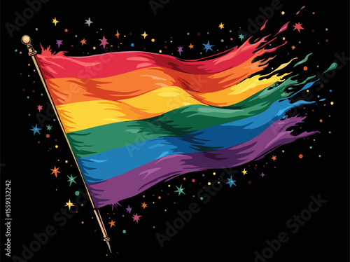 Vector design with decorative drawing of lgbt 
flag of rainbow stripe is fluttering in wind. 
Fashion t-shirt print. Pride proud parade pattern 
for textiles, fabric, clothing.