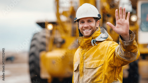 smiling man in yellow jacket and white hard hat waving hand at construction site with heavy machinery in background on cloudy day