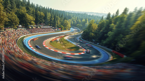 Motorsport racing video captures fast cars speeding through a forested racetrack with dynamic motion blur and enthusiastic crowd in the background.