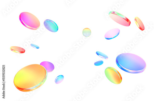 3d flying glass colorful neon coins isolated. Rain of abstract circle shape. Fall gradient holographic disk, cash, plate, neon coin. Concept casino, jackpot, finance, crypto. Vector illustration