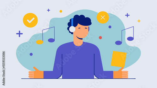 A visualization of a person receiving music therapy highlighting the use of music to enhance mood reduce anxiety and improve cognitive function.. Vector illustration