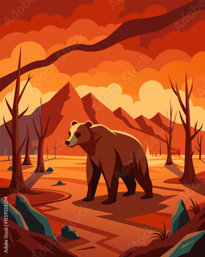 A majestic bear roams through a barren landscape its home destroyed by deforestation and mining activities.. Vector illustration