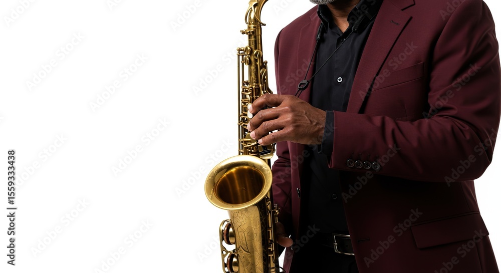 Fototapeta premium Musician Standing with a Saxophone Isolated on White Background Classic Music Concept