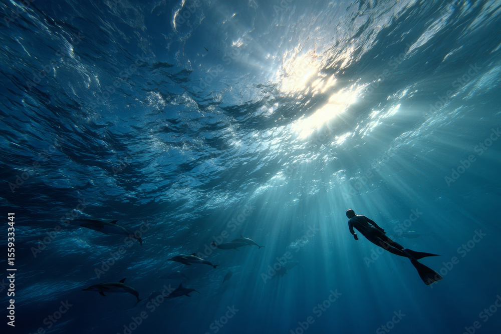 Fototapeta premium A freediver swimming gracefully among dolphins.