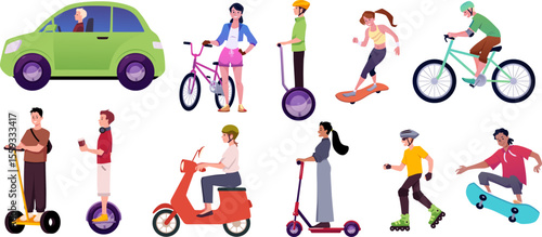 People driving ecological transport vector flat illustration set, cartoon electric scooter and car bicycle ECO lifestyle