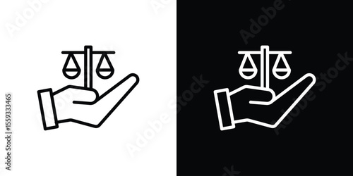Justice scales in Hand icon in trendy stroke thin linear style.