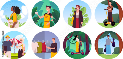 Reduce, reuse, recycle and zero waste concept, people use biodegradable things, ecological transport, round frame vector