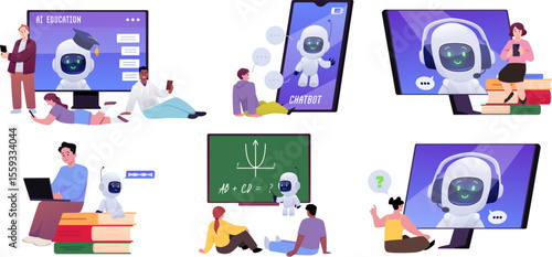 Students with smartphones, online studying with chat bot, distance education AI robotic learn assistance vector flat set