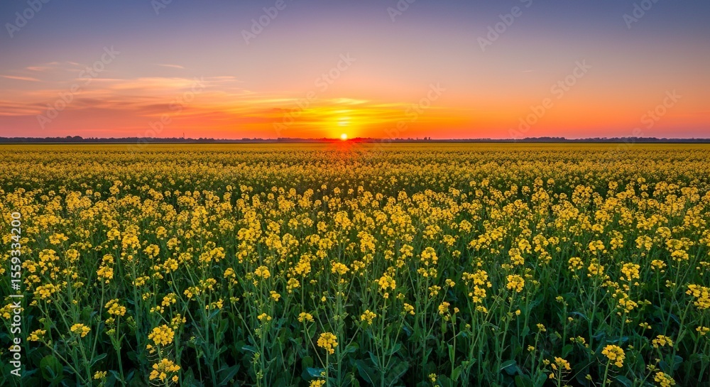 Fototapeta premium Vibrant Yellow Flowers in a Field at Sunset