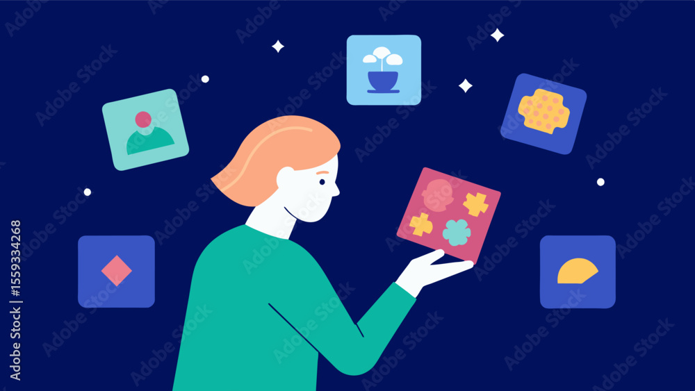 An individual playing a digital memory game where they have to match cards with pictures of objects. This game helps them strengthen their cognitive skills and enhances their. Vector illustration An individual playing a digital memory game where they have to match cards with pictures of objects. This game helps them strengthen their cognitive skills and enhances their. Vector illustration