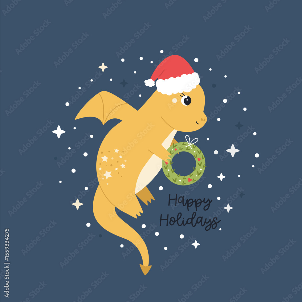 Fototapeta premium Cute Holiday Dragon Flying in Santa Hat on Blue Background