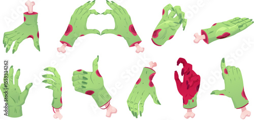 Creepy zombie hand gestures vector set, dead rotting flesh and bones, corpse arm thumbs up, heart walking dead elements