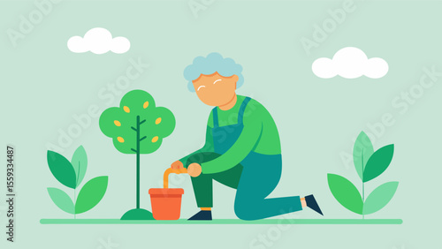 An image of an older person gardening with the words Green Therapy Spending time outdoors and connecting with nature can improve brain health and reduce stress.. Vector illustration
