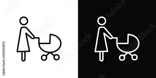 Woman with Baby Stroller icon in trendy stroke thin linear style.