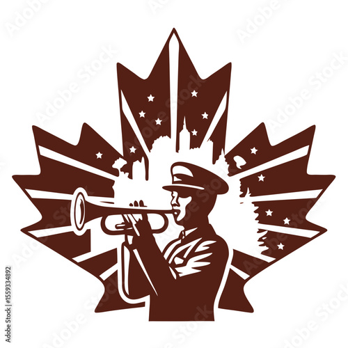 Trumpeter performing against a patriotic maple leaf background