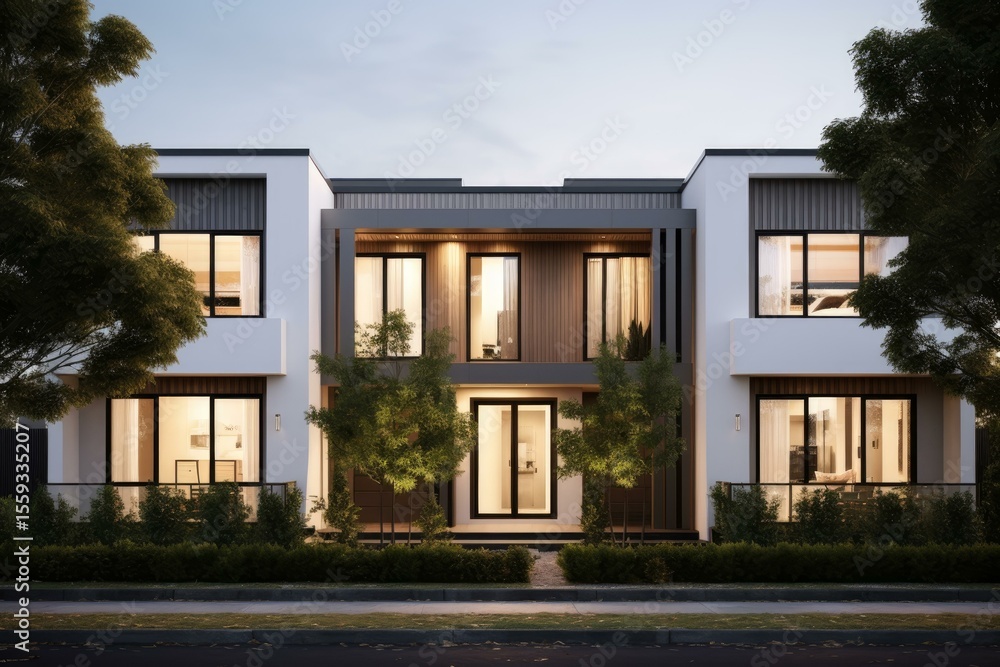 Fototapeta premium Contemporary house exterior with large windows and lush greenery