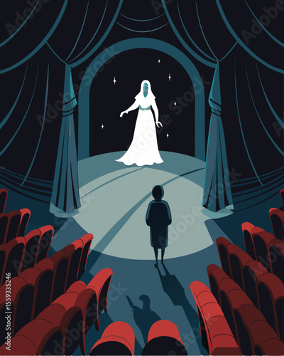 In a dark and abandoned theatre a ghostly figure whispers forgotten lines to an imaginary audience.. Vector illustration