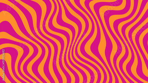 Abstract groovy vector background with fluid curves in orange and magenta. Dynamic warped ripple illusion. Retro psychedelic pattern.